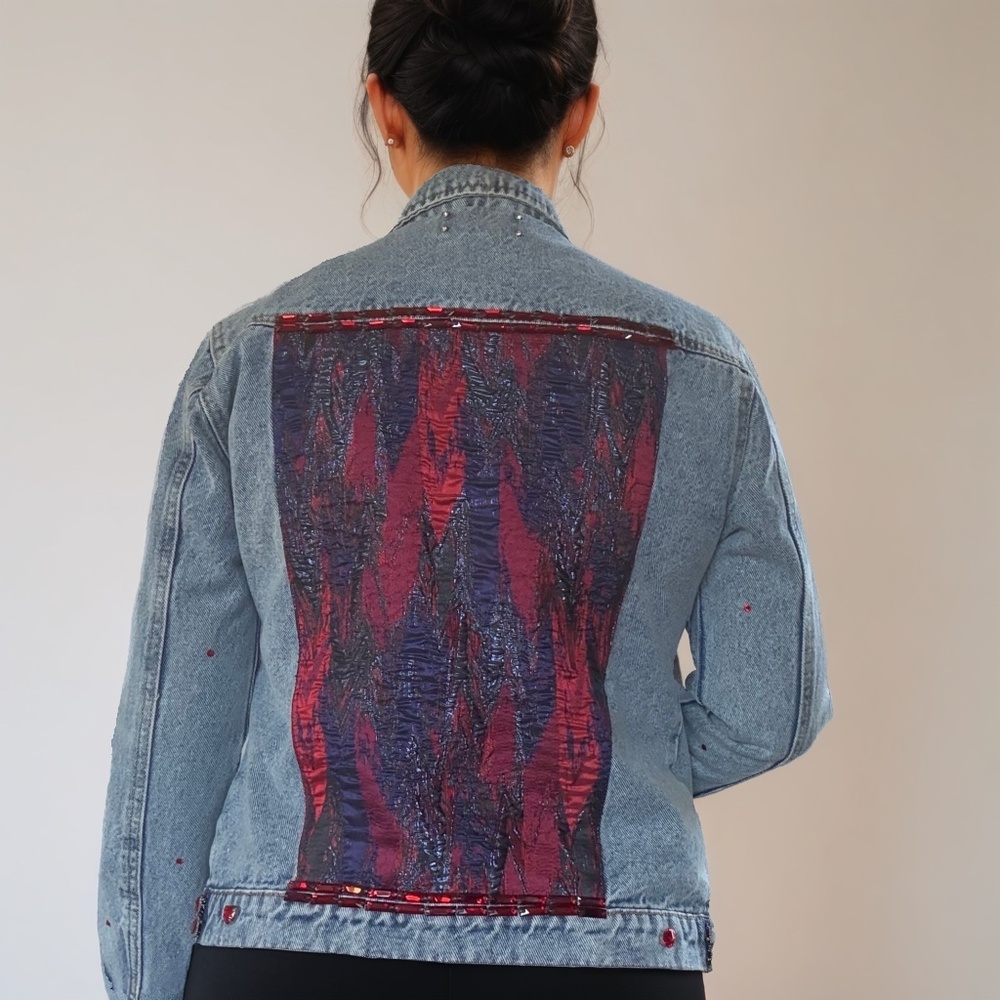 Denim Jacket Hand Embellished with Satin Panels and Sheer Ruffle Sleeves